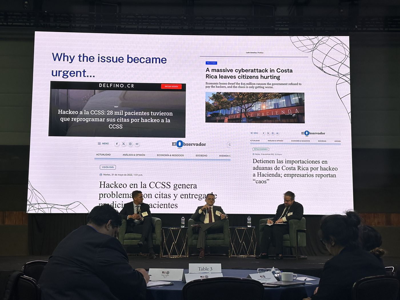 Slide of 2022 Costa Rican news headlines about the CCSS hack