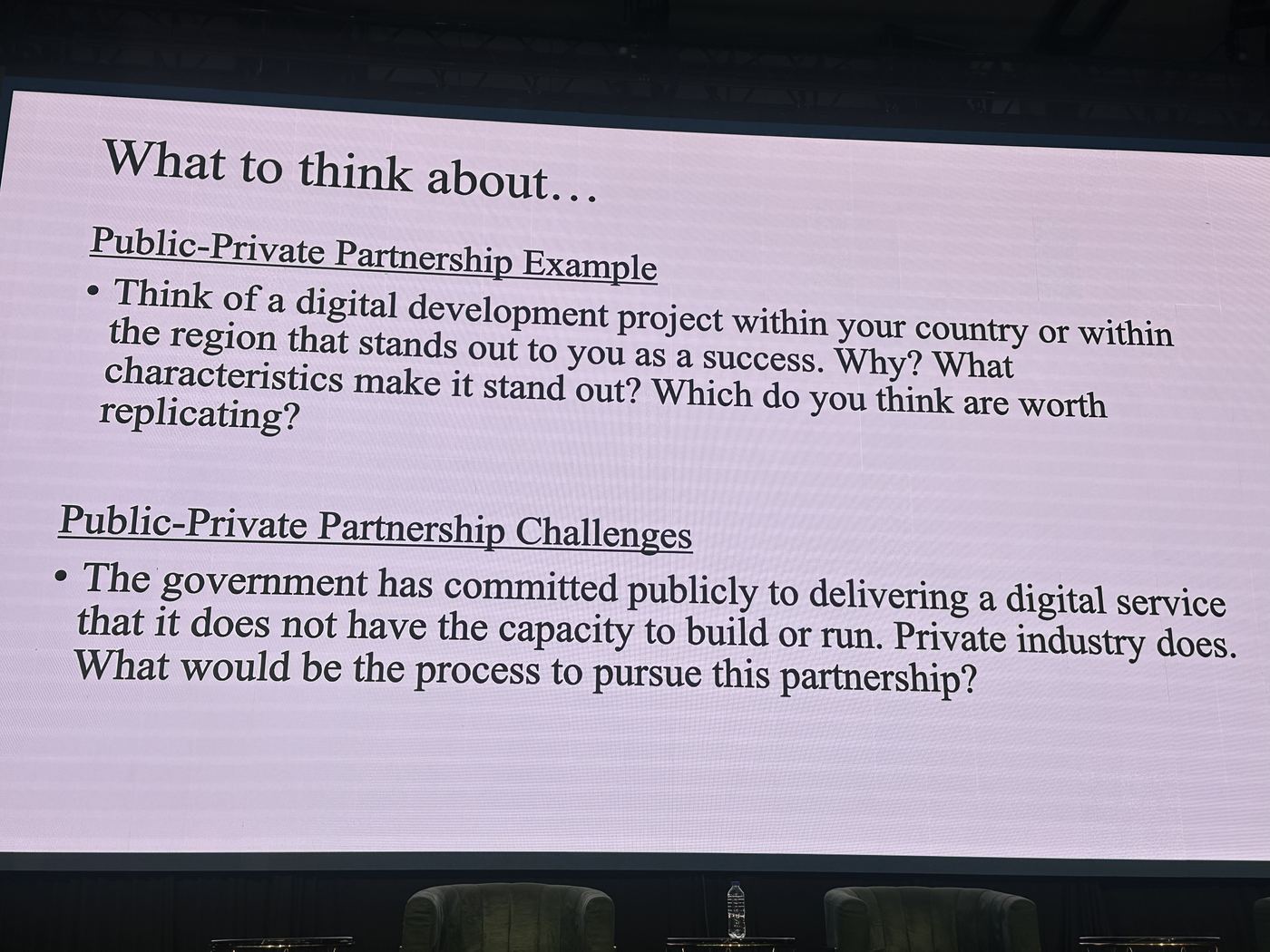 Slide with public-private partnership discussion prompts